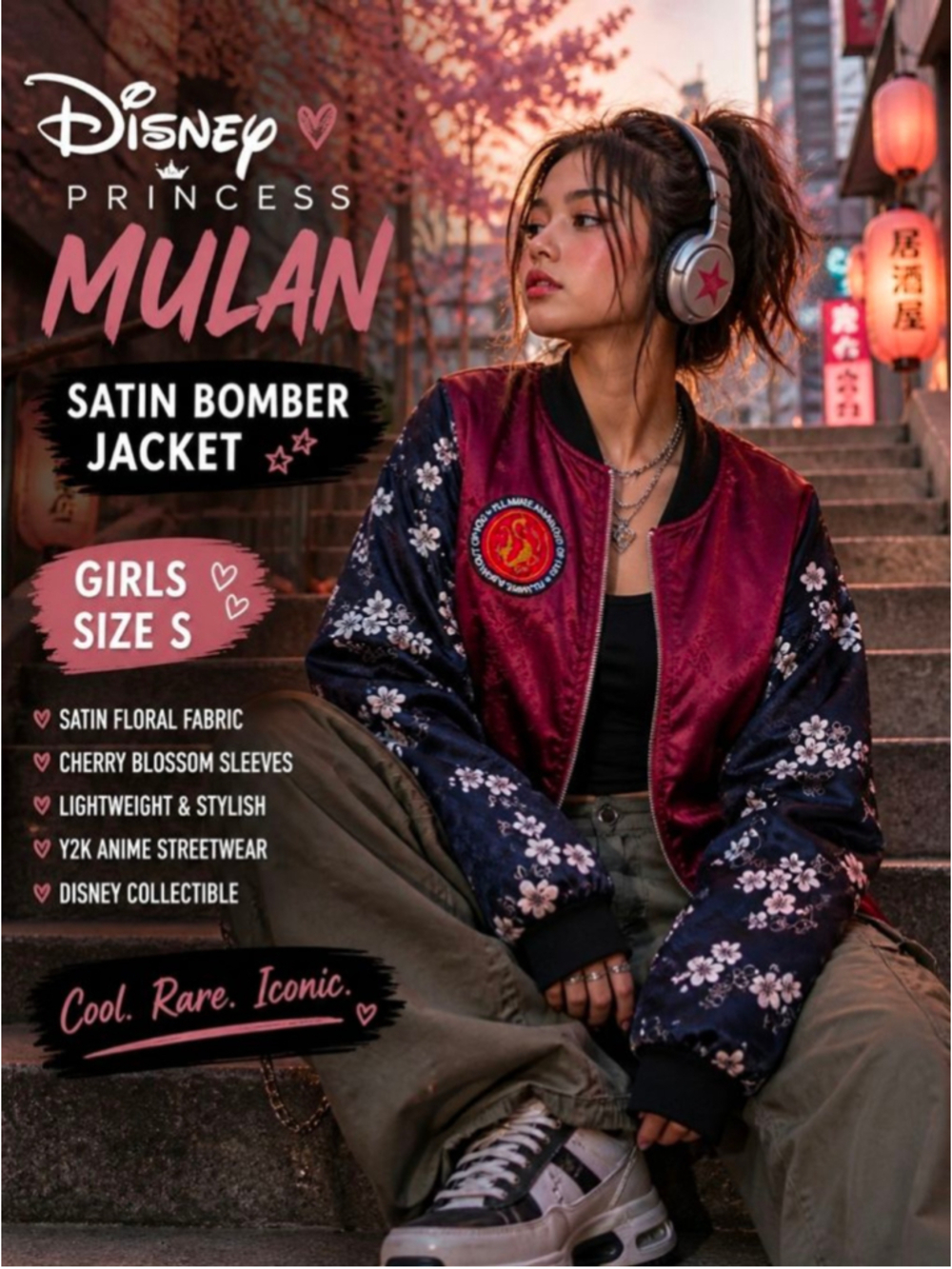 Disney Princess Mulan Satin Bomber Jacket Girls Size S Floral Y2K Anime Street